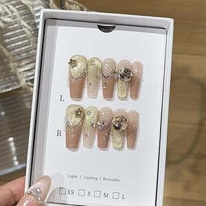 Ongles press-on châtain d'automne avec dégradé brun nude, or scintillant, œil <span class=keywords><strong>de</strong></span> chat, diamant K9, superposition <span class=keywords><strong>de</strong></span> luxe - Product Image 6