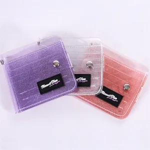 Dompet Klip Uang Glitter Transparan Wanita, Dompet Klip Uang Warna Merah Muda Berkilau Transparan, Wadah Kartu Lipat, Dompet PVC Bening