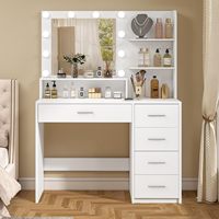 Miroir de maquillage moderne avec éclairage, 5 tiroirs de rangement, étagères, table en panneau de particules blanc, 3 modes de couleur, luminosité réglable