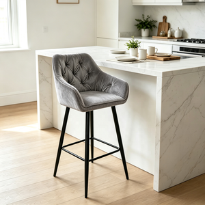 Tabouret <span class=keywords><strong>de</strong></span> <span class=keywords><strong>bar</strong></span> en velours capitonné nordique avec pieds en métal <span class=keywords><strong>noir</strong></span> pour cuisine, <span class=keywords><strong>bar</strong></span> à domicile, hôtel - Product Image 1