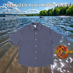 Chemises décontractées surdimensionnées à carreaux neutres en sergé de haute qualité pour hommes, respirantes, <span class=keywords><strong>avec</strong></span> poche poitrine et <span class=keywords><strong>manches</strong></span> courtes boutonnées coupe carrée - Product Image 2