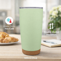 Mug à café isotherme classique en acier inoxydable à double paroi de 20 oz avec fond en liège, tasse de voyage réutilisable, logo personnalisé, 6-12 heures