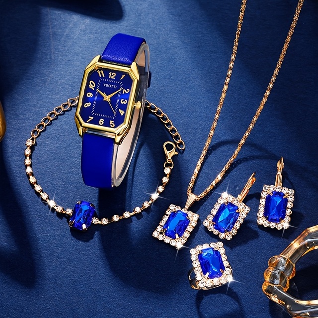 Hot Sale Analog PU Leather Wrist Watch 6pcs/set Women's Watch Retro Rectangle Pointer Quartz Watch