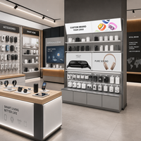 Support d'affichage d'accessoires robuste et écologique Ceres Sleek Yellow avec bande lumineuse LED, dimensions personnalisées pour les murs de magasins de téléphonie mobile