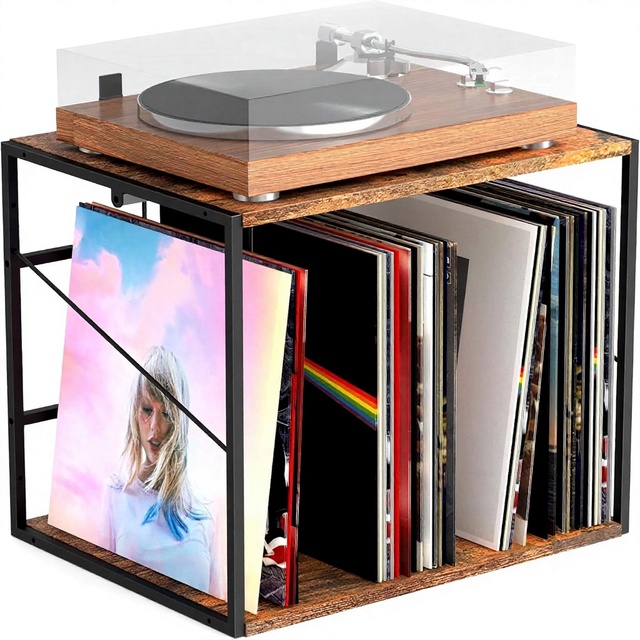 Alytree Wood Vinyl Record Storage Holder 100LPs Adjustable Wall Mount Movable Divider Solid Display Crate Organizer