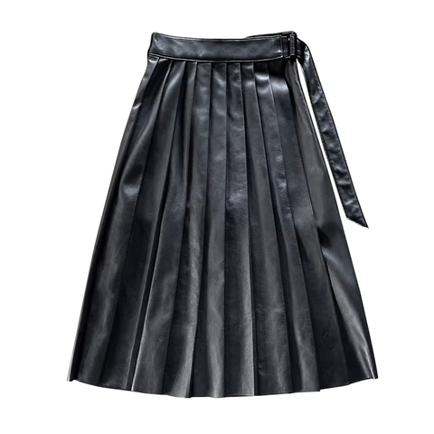 2353 Women Real Leather Skirt Pleated Zippers Black Sheepskin Skirts for Ladies