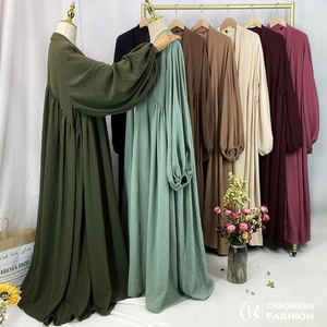 Popular Abaya Elastic Cuff Big Lantern Sleeves Pleated Design With Side Pockets Ramadan Muslim Women Modest Cardigan 1969# - Product Image 1