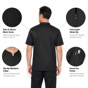เสื้อเชฟแบบมีซิปด้านหน้า ระบายอากาศได้ดี  ผ้าตาข่าย แขนสั้น ชุดยูนิฟอร์มสำหรับงานครัว  รับทำโลโก้ตามสั่ง (OEM) สำหรับร้านอาหารหรูและบริการจัดเลี้ยง - Product Image 4