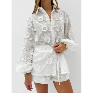 Women's New <b>Sexy</b> Lace Embroidery See-through Shirt High-waisted Shorts 2-piece <b>Set</b> Fashion - Product Image 3