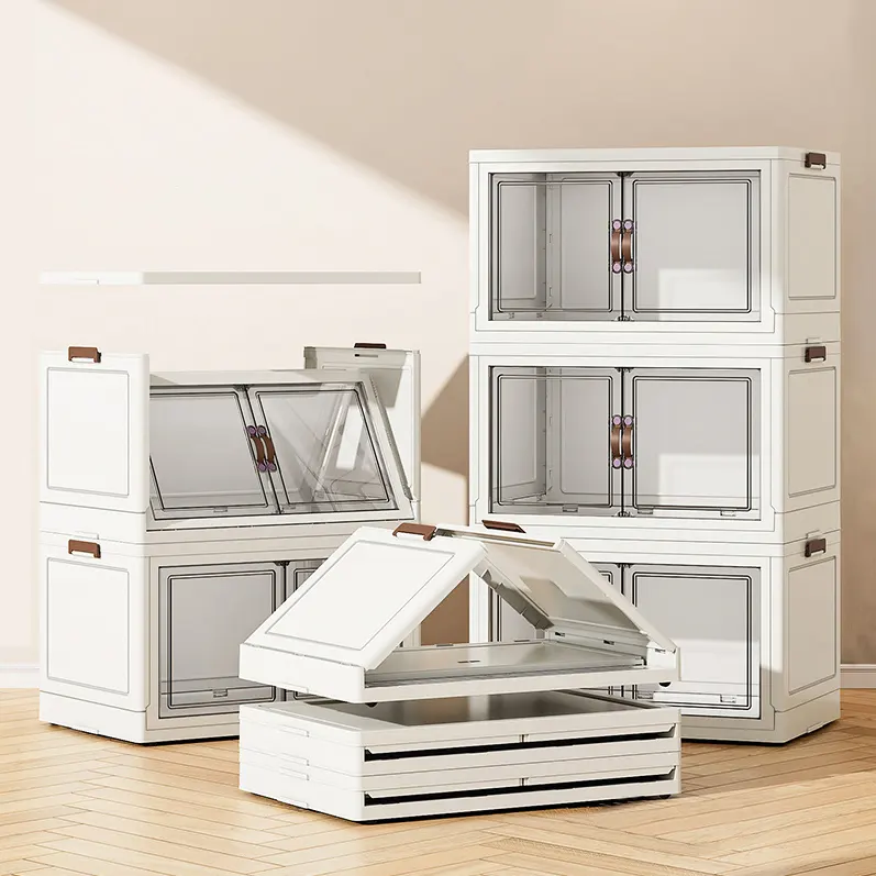 Dobrável Plástico PP Empilhável Bins Sapato Roupas Clear Cabinet Kid Folding Drawer Caixa De Armazenamento Organizador com Tampa Rodas De Freio