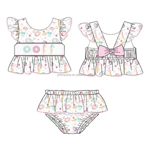 Boutique de roupas infantis com donut bordado, vestido de algodão para bebês e meninas, conjuntos curtos