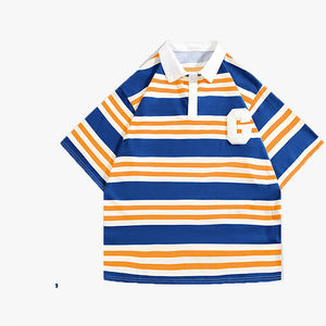 Camiseta Polo de Manga Corta Personalizada con Logotipo Bordado en Toalla, de Algodón Puro a Rayas, con Bloques de Color y Solapa - Product Image 5