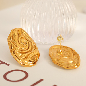 <b>Titanium</b> Steel Stud Earrings Oval Irregular Spiral Pattern Gold Color EH729 Fashion Jewelry - Product Image 3