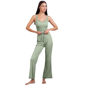 Conjunto de dos piezas de camisola larga de encaje y pantalones estilo europeo y americano para mujer, ropa de estar por casa que se puede usar en diferentes ocasiones. - Product Image 5