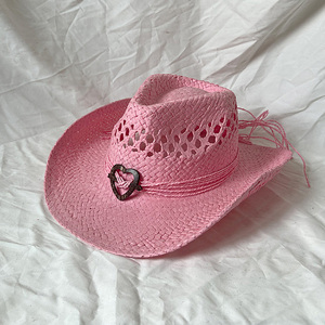 2025 rộng vành tay bện mùa hè Mũ rỗng hình trái tim trang trí unisex mũ rơm cao bồi - Product Image 2
