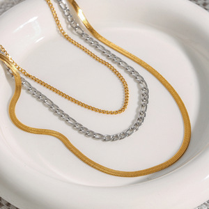 สร้อยคอแบบหลายชั้น ทอง 18K สแตนเลสสตีล ดีไซน์แบบแบน สีทอง-เงิน - Product Image 2
