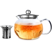 Théière en verre borosilicate soufflé à la main, résistante à la chaleur, compatible avec les plaques de cuisson, 800 ml, avec infuseur en acier inoxydable pour thé en feuilles.