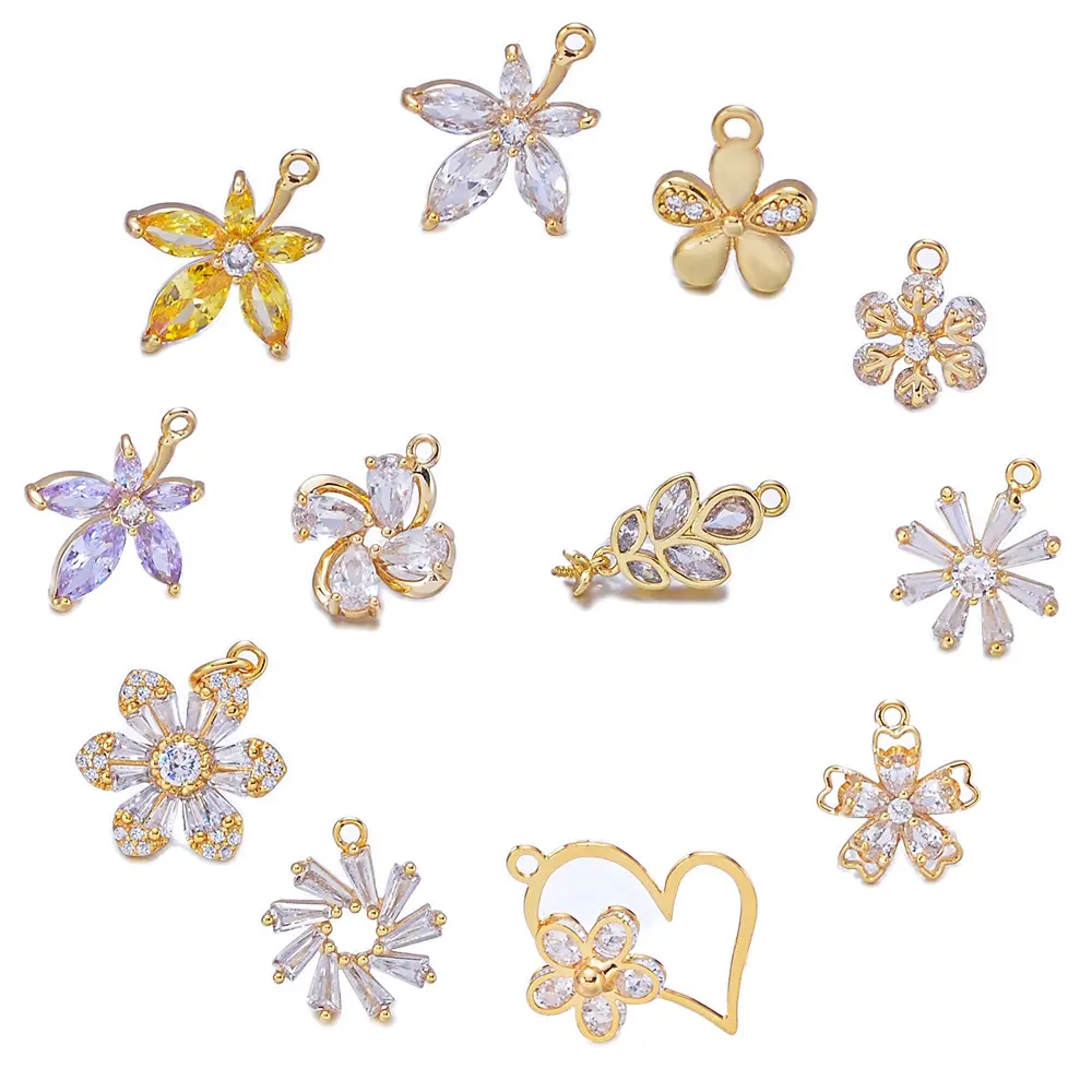 Factory Wholesale 18K Gold Plated Flower Charm for Jewelry Making Necklace Earrings Accessories Zircon Pendants Beads