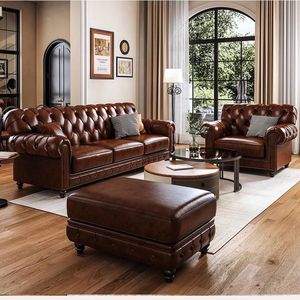 Set di Mobili in Legno Massello e Pelle in Stile Country Americano Retrò con 123 Combinazioni, Divano Chesterfield per Soggiorno con Imbottitura in Spugna - Product Image 1