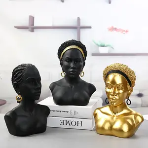 रचनात्मक अफ्रीकी महिला ब्लैक गोल्ड बस्ट कला मूर्तियां अफ्रीकी अमेरिकी कमरे में रहने वाले के लिए राल मूर्ति, बेडरूम सजावट