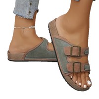Sandales plates en daim multicolores pour femmes, style claquettes à double semelle en liège, confortables pour l'été et la plage, personnalisables avec logo – Vente en gros