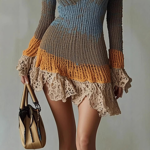 Abito <span class=keywords><strong>a</strong></span> Maniche Lunghe con Scollo <span class=keywords><strong>a</strong></span> V in Maglia, <span class=keywords><strong>Vestito</strong></span> Corto Sexy con Scollo <span class=keywords><strong>a</strong></span> V, Abito in Maglia con Dettagli Colorati, Direttamente dalla Fabbrica - Product Image 6