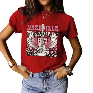 Camiseta de verano para mujer europea y americana, diseño personalizado de guitarra de Nashville Music City, cuello redondo, manga corta holgada - Product Image 1