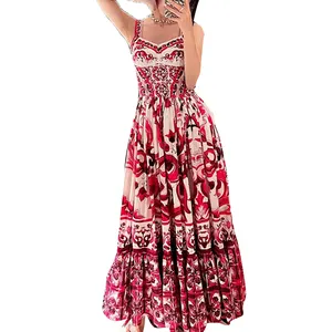 TWOTWINSTYLE Fashion Square Collar Sleeveless High Waist Vintage Women Casual Floral Print Long Summer Dresses