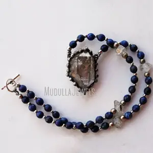 NM43273 Soldered Jewelry Natural Gemstone Pyrite Lapis Lazuli Herkimer Diamond Free Form Beaded Layering Statement Necklace