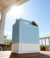 Dossier portable en carton bicolore bleu et blanc avec poignée intégrée, robuste et résistant, fabriqué au Vietnam à partir de matériaux recyclés, personnalisable