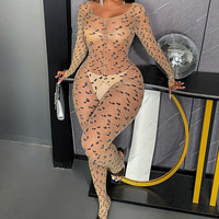 En gros Body imprimé léopard à manches longues, combinaison transparente, lingerie intégrale transparente, bodystocking sans entrejambe pour femme