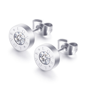 Rose Gold Plated Love Engraved <b>Stud</b> <b>Earrings</b> 8mm Round Bezel Set <b>Crystal</b> Women's Fashion Jewelry Gift - Product Image 2
