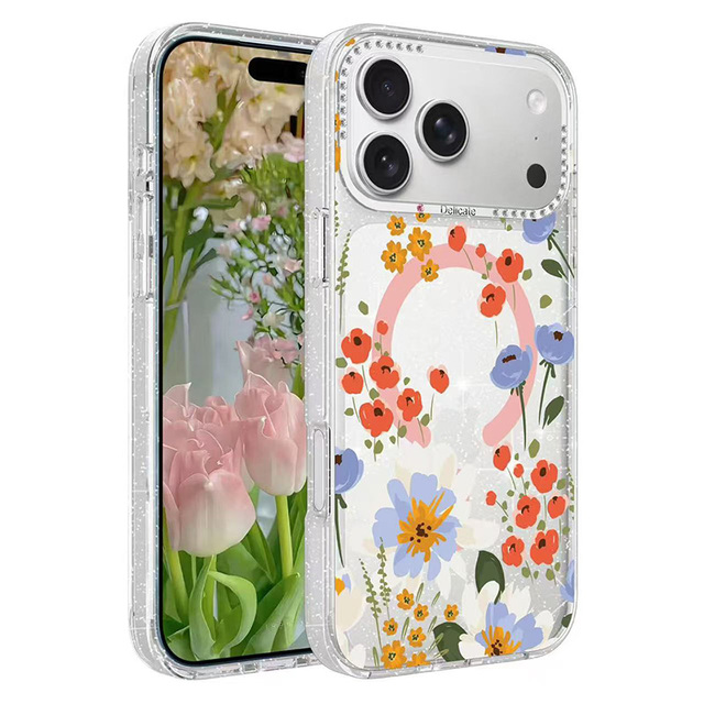 Fancy Ladies Phone Cover for iphone 17 Pro Max Bling Glitter Flower Phone case 15 16 Promax clear Shockproof Magnetic Cases