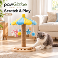 Griffoir pour chat avec corde en jute naturelle, balançoire, base en bois massif et circuit de balles pour chats d'intérieur