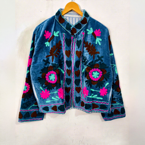 Hand Embroidered <b>Velvet</b> <b>Jacket</b> Women's Floral Prairie Chic Coat Spring Wear Mandarin Collar Full Sleeve Blue Pink Brown Design - Product Image 1