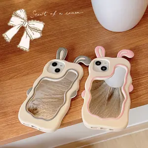 Girls Cute Rabbit Ears Soft Silicone Case With Makeup Mirror Back Cover For IPhone 15 Pro Max 14 13 12