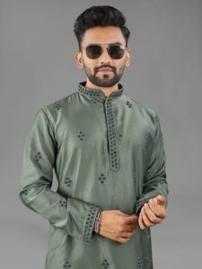 Kurta de Seda Reversible Bordada en Verde Oliva para Hombre, Churidar Blanco para Bodas/Diwali, Ropa Casual de Estilo Tradicional Indio - Product Image 2