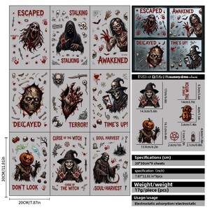 Set de Adhesivos Decorativos para Ventanas de Halloween con Diseño de Bruja, Zombi y Hombre de las Fosas con Texto Sangriento para Decoración de Casas Encantadas - Product Image 5