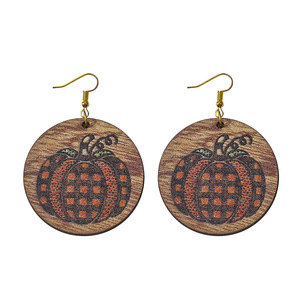 Pendientes de madera Acción de Gracias Vintage Gingham Calabaza Colgante redondo Pendientes de doble cara para mujer Uionen 1102 - Product Image 5