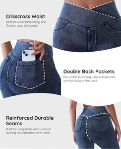 Vractivewholesale Leggings en <span class=keywords><strong>jean</strong></span> uni pour femme, <span class=keywords><strong>taille</strong></span> mi-<span class=keywords><strong>haute</strong></span>, avec poches latérales, effet <span class=keywords><strong>sculptant</strong></span>, extensibles dans les quatre sens, style athleisure - Product Image 3