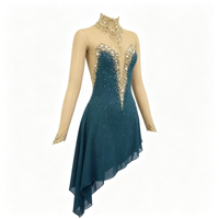 Robe de patinage artistique bleu sarcelle foncé à col montant et strass dorés, dos ouvert en V profond, jupe asymétrique pour adultes et enfants