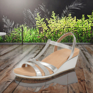Silver Rhinestone Strappy Wedge <b>Sandals</b> <b>Women</b> Square Toe Slip on <b>Buckle</b> Wedge Shoes Summer Large Sizes - Product Image 2