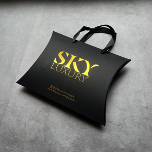 Custom Matte Black Pillow <b>Box</b> Gold Foil Hot Stamping Luxury Gift Packaging <b>Box</b> With Ribbon Handle For Jewelry Cosmetic Wig - Product Image 5