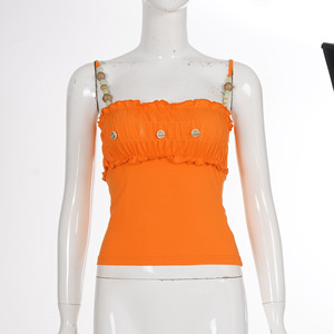 Y2K เสื้อครอปสายเดี่ยวประดับลูกปัดผู้หญิงปิดไหล่รูชด์ รัฟเฟิล ทริม สลิมฟิตเสื้อสายเดี่ยวสีสันสดใสสำหรับวันหยุดฤดูร้อน - Product Image 6