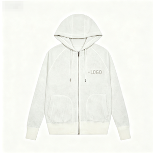 Sudadera con capucha y cremallera para mujer, blanca, de ajuste regular, manga larga, color liso, de algodón tejido, con logo frontal, para otoño - Product Image 2