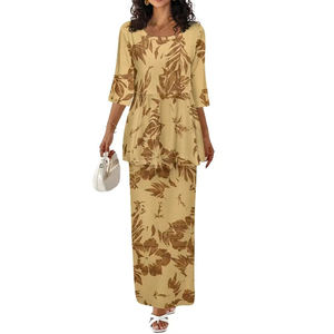 Robe longue d'été et d'automne à motif floral avec logo personnalisé, col rond, manches courtes, ensemble 2 pièces polynésien, taille haute élégante pour femme, décontractée - Product Image 2