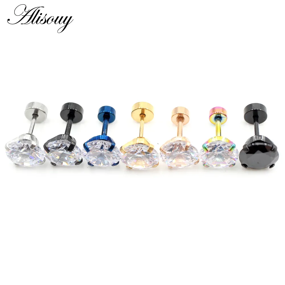 Alisouy Unisex-Edelstahl Damen Herren Mädchen runde Kristall-Zirkone-Ohrstöpsel Ohrringe 4-Stift-Tragus-Körgelschlüssel Piercing-Schmuck