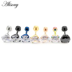 Alisouy 2pcs Stainless Steel Unisex Women Men Round Crystal Zircon Ear Studs Earrings 4 Prong Tragus Cartilage Piercing Jewelry
