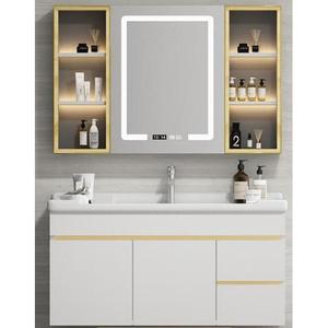 Meuble-lavabo de salle de bain blanc CR 90 cm avec miroir, double porte, tiroir et vasque en céramique - Product Image 4