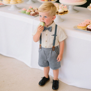 Setelan Celana Pendek Suspender Dua Potong untuk Bayi Laki-laki Gaya Eropa Amerika, Pakaian Musim Panas, Setelan <span class=keywords><strong>Gentleman</strong></span>, Warna Solid - Product Image 2